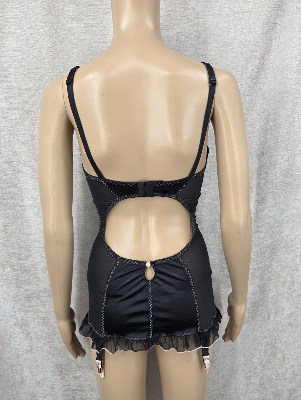 Y2K Victoria's Secret Black Satin Slip Chemise with Pink Bow Garters Corset - Picture 5 of 13